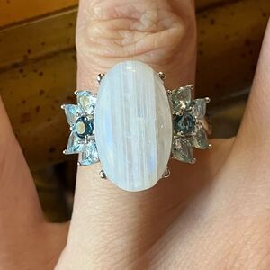 Natural Rainbow Moonstone London Blue Topaz Sterling Silver Ring Size 6.75